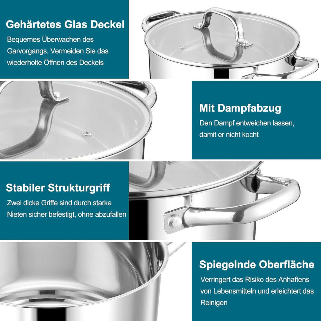 Homikit 9,4L Kochtopf, Edeastahl Topf Nudeltopf Induktion mit Glasdeckel, Suppentopf Fleischtopf aus