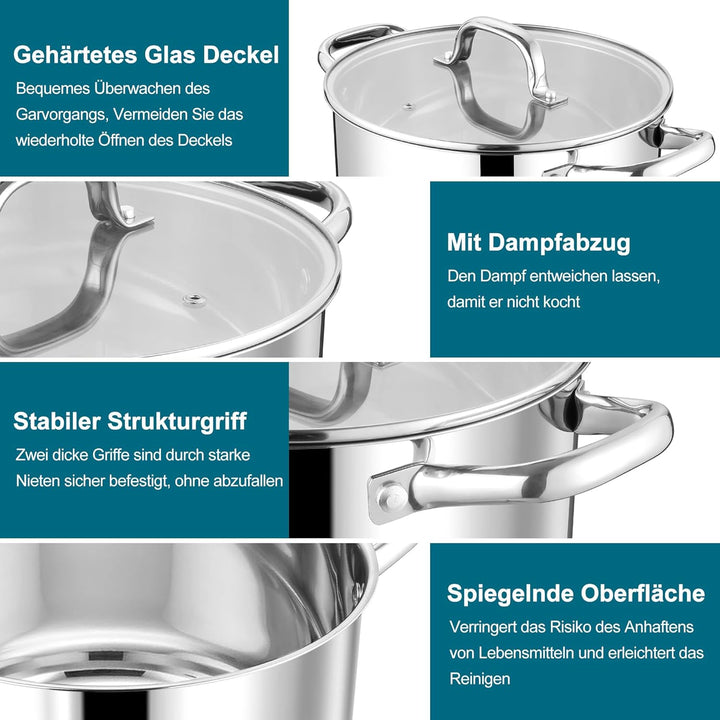 Homikit 9,4L Kochtopf, Edeastahl Topf Nudeltopf Induktion mit Glasdeckel, Suppentopf Fleischtopf aus