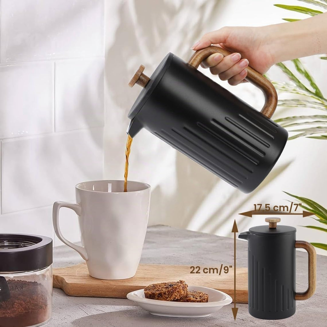 Rorence French Press 1L Edelstahl doppelwandig isoliert – Kaffeebereiter mit Holzgriff &amp; Edelstahl-F