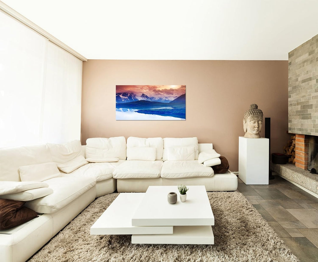 Paul Sinus Art 120x80cm - WANDBILD Georgien Berge Schnee See Landschaft - Leinwandbild auf Keilrahme