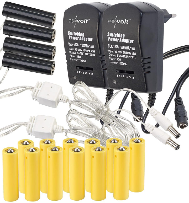 revolt Batterie Dummy: 2er-Set Batterie-Netzteil-Adapter, ersetzt 16 AA-Batterien (4 Geräte) (Dummy-