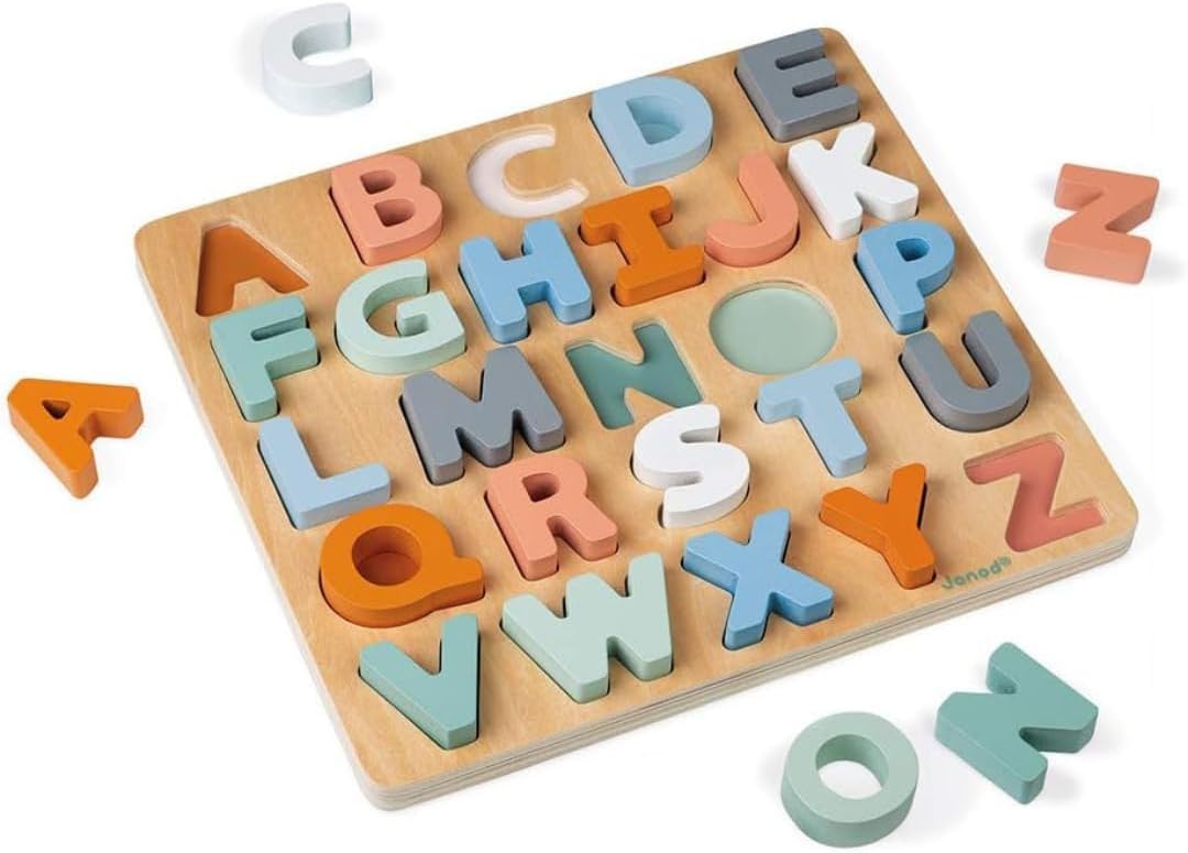 Janod - Alphabet-Puzzle aus Holz 26 Teile - Kollektion Sweet Cocoon - Baby- und Kleinkindspielzeug F