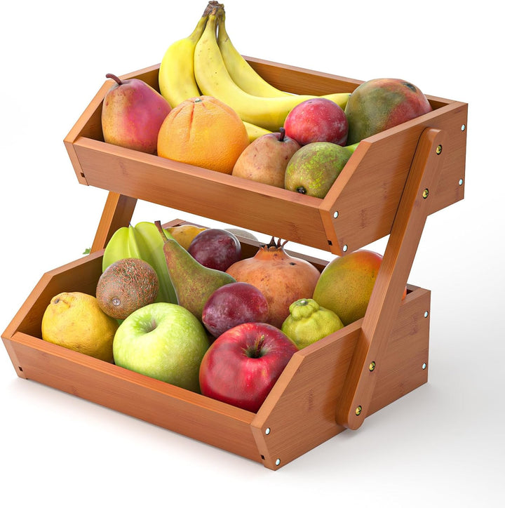 Obstkorb Bambus, 2-stufiger Obst und Gemüse Aufbewahrung Obstschale, Perfekt für Küchenarbeitsplatte