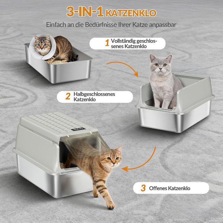 Edelstahl Katzenklo, XXL Metall Katzentoiletten, Cremegrau | Geschlossene Katzenklo, mit Schaufel un