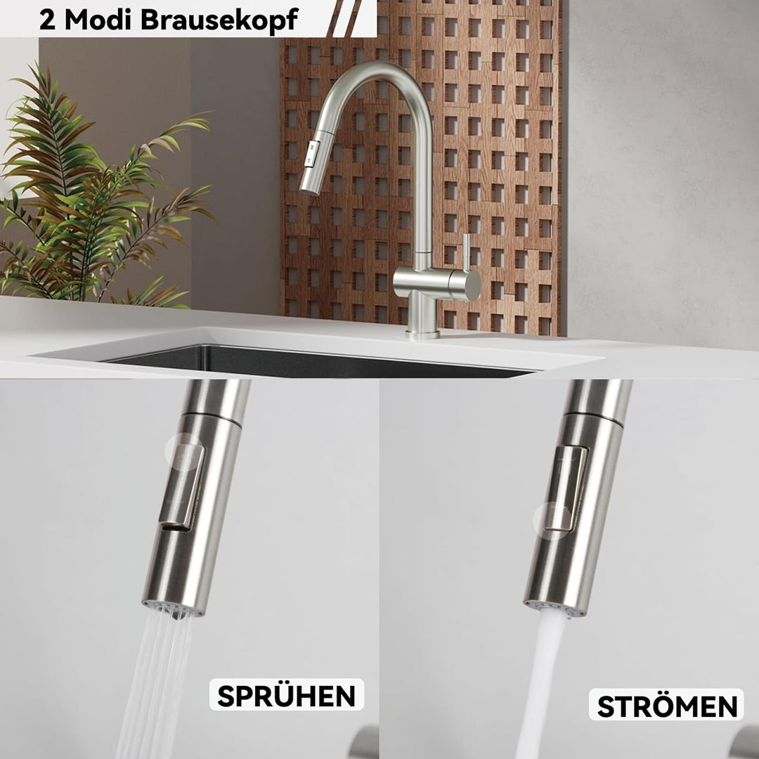 Wasserhahn Küche, SEMANEY Hochdruck Küchenarmatur mit 2 Modus Brause Ausziehbar, Mischbatterie küche