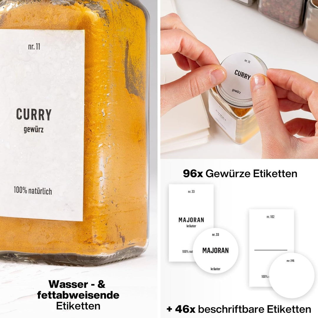 Deco haus® Gewürzgläser eckig luftdicht 12er Set [inkl. Etiketten & Streueinsatz] - Gewürzdosen Set