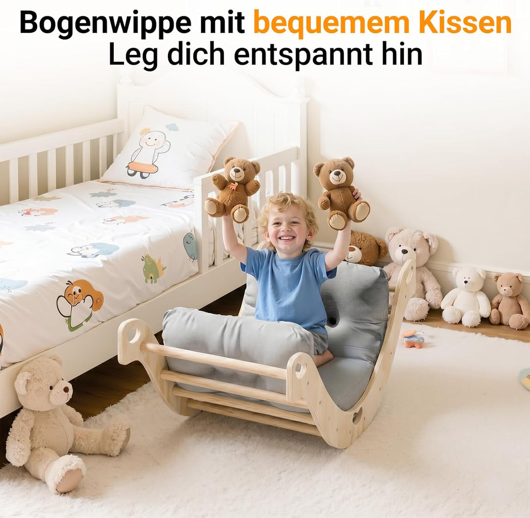 COSYLAND Montessori Kletterbogen mit Kissen, Kletterbogen ab 1 Jahr, Holzwippe für Kinder, Motorik-S