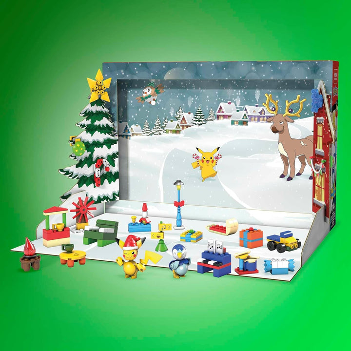 MEGA Pokémon Adventkalendar, Ferienkalender mit 202 Teilen, 2 posierbaren Figuren und Zubehör, für K