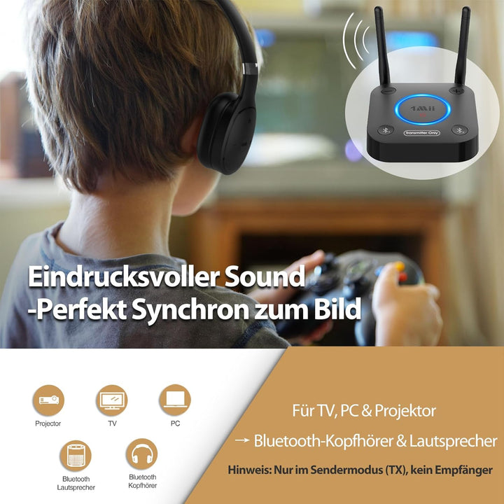 1Mii B06TX Bluetooth 5.3 Sender für TV, Bluetooth Transmitter mit aptX HD & Low Latency, 2 Kopfhörer
