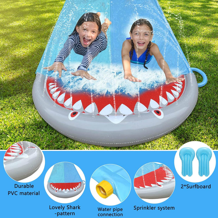 550x145cm Wasserrutsche, Doppel Wasser Rutsche, Wasserspielzeug Wassermatte mit 2 Bodyboards, Sommer