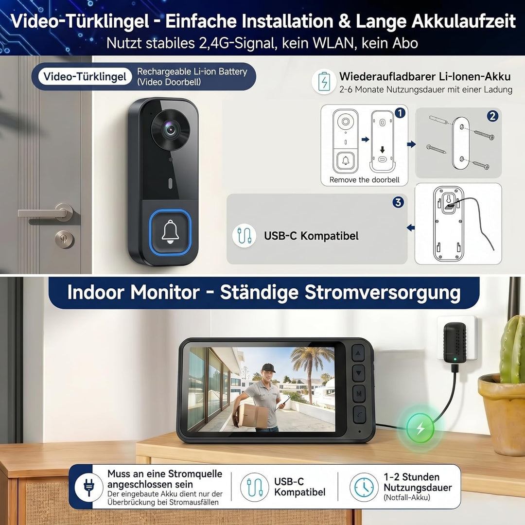 Video Türklingel mit Kamera Drahtlos, Funkklingel mit Kamera, Türsprechanlage mit Kamera 4,5" IPS Mo