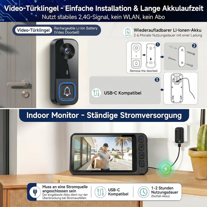 Video Türklingel mit Kamera Drahtlos, Funkklingel mit Kamera, Türsprechanlage mit Kamera 4,5" IPS Mo