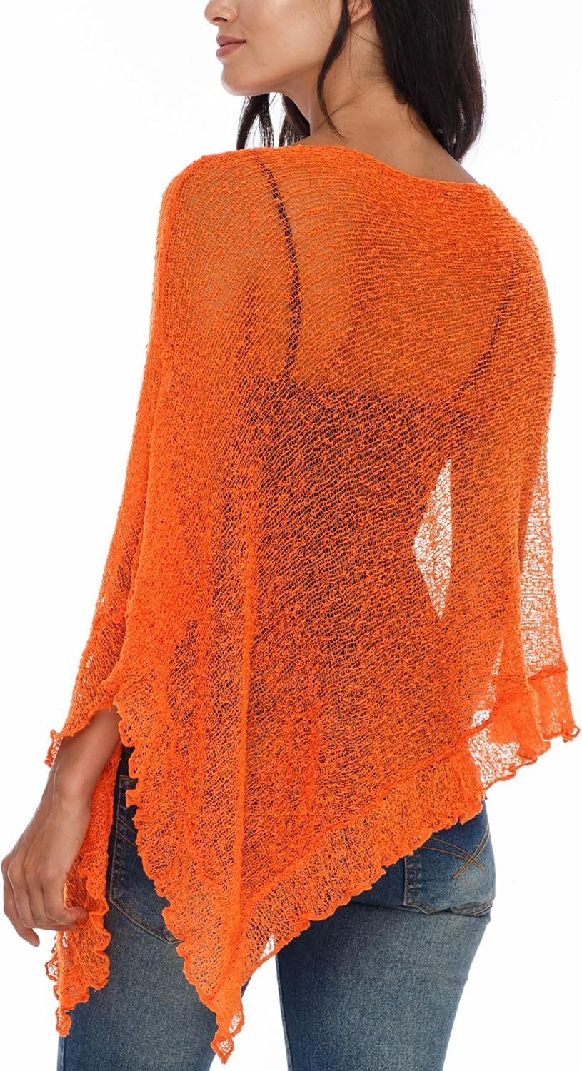 SHU-SHI - Damen Poncho-Top mit Rüschen - transparent - leichtes Strickmaterial Leuchtendes Orange, L