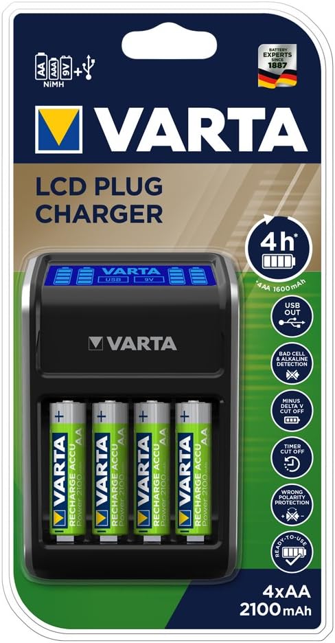 VARTA LCD Plug Ladegerät für AA/AAA/9V und USB-Geräte (inkl. 4x AA 2100 mAh) schwarz LCD Plug Ladege