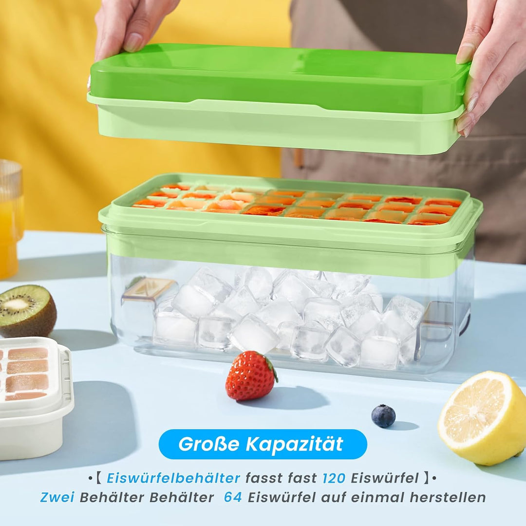 Eiswürfelform, Eiswürfelbehälter, 64 Eiswürfel, Eiswürfelform mit Deckel, mit 2 Tablett, einfaches D