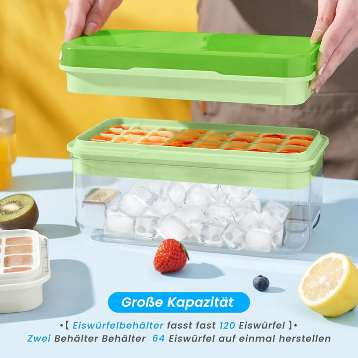 Eiswürfelform, Eiswürfelbehälter, 64 Eiswürfel, Eiswürfelform mit Deckel, mit 2 Tablett, einfaches D