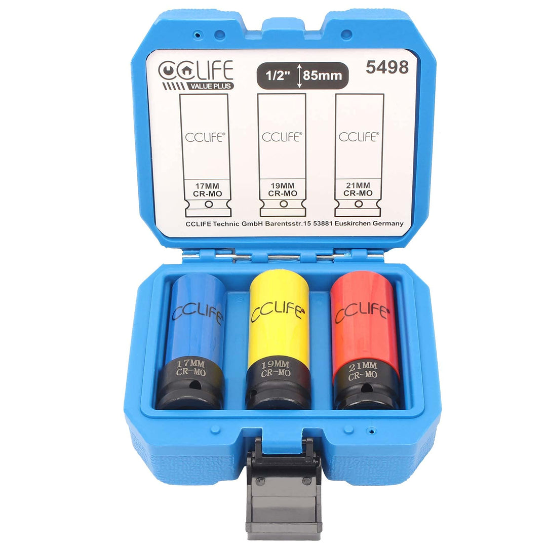 CCLIFE 3tlg 1/2" Schlagschrauber Nüsse 85mm Schoneinsätze 17 19 21mm Cr-Mo Schonnüsse für Alufelgen