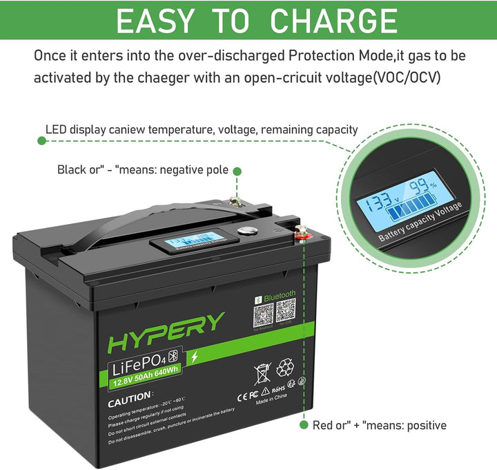 Smart LiFePO4 Akku, 12V 50AH Lithium Batterie mit Bluetooth zur Überwachung der Batterie SOC Daten,