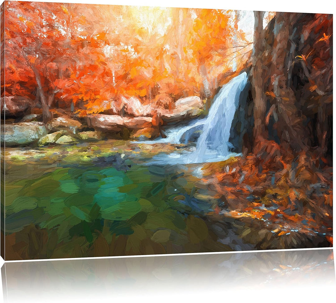 Pixxprint Wasserfall im Wald / 100x70cm Leinwandbild bespannt auf Holzrahmen/Wandbild Kunstdruck Dek