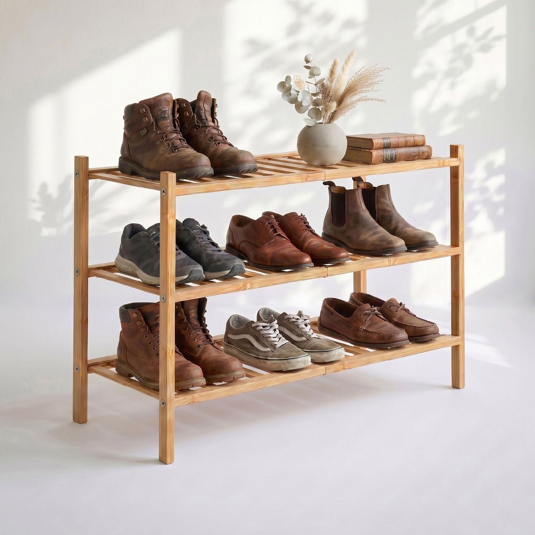 Schuhregal aus Bambus, Schuhablage mit 3 Ebenen, 68 x 28 x 46 cm, Erweiterbar Stapelbar, Schuhschran
