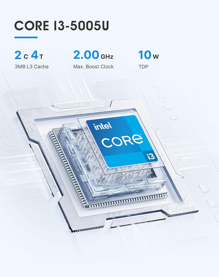 C3 Mini PC Core i3 5005U (bis zu 2,0 GHz, 2C/4T), 8 GB DDR3 RAM 512 GB SSD, Dual Display/W10 Pro/WiF