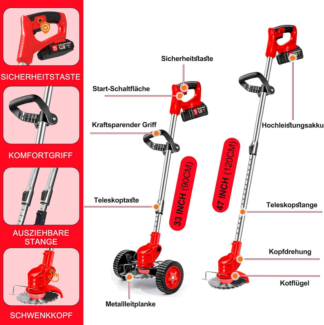 Akku-Rasentrimmer 21V Elektrischer Rasentrimmer - Motorsense akku Mit 2x2000mAh Batterie und 4 Messe