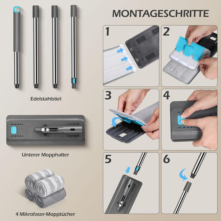 MASTERTOP Flach Wischmopp-Eimer , 6 Wiederverwendbare Mikrofaser-Pads, 140 cm verlängerter Edelstahl