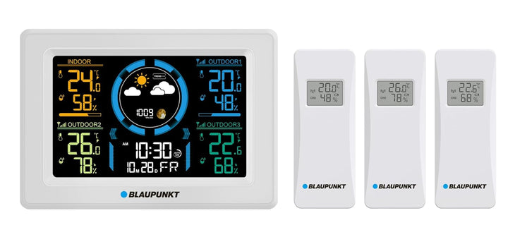 Blaupunkt WS40WH Wetterstation mit 3 externen Temperatur- und Luftfeuchtigkeitssensoren LCD-Display