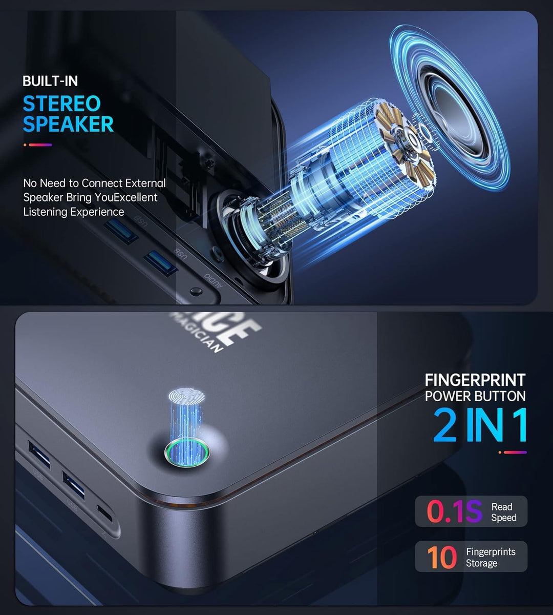 ACEMAGICIAN Mini PC Core i5-1135G7 mit Lautsprecher und Fingerabdruck, 16 GB DDR4 512 GB SSD Dual Ba