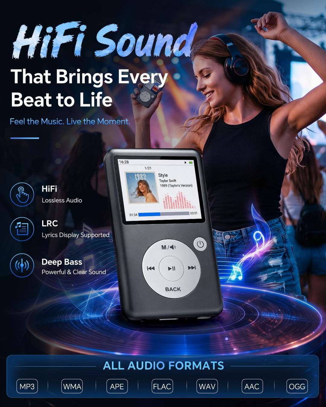 MP3 Player Bluetooth 5.3 mit Video, Hörbüchern, FM Radio und Touch Wheel | Klassis Design, HiFi Musi
