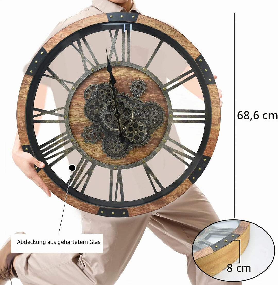 DORBOKER 68CM Grosse Vintage Wanduhr mit Beweglichen Zahnrädern, Retro Holz-Metallskelett, Gehärtete