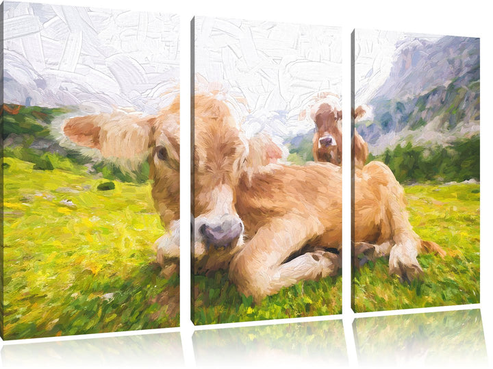 Pixxprint Almkuh in den Bergen Kunst als Leinwandbild/Grösse: 3 Teilig (120x80 cm) cm/Wandbild/Kunst