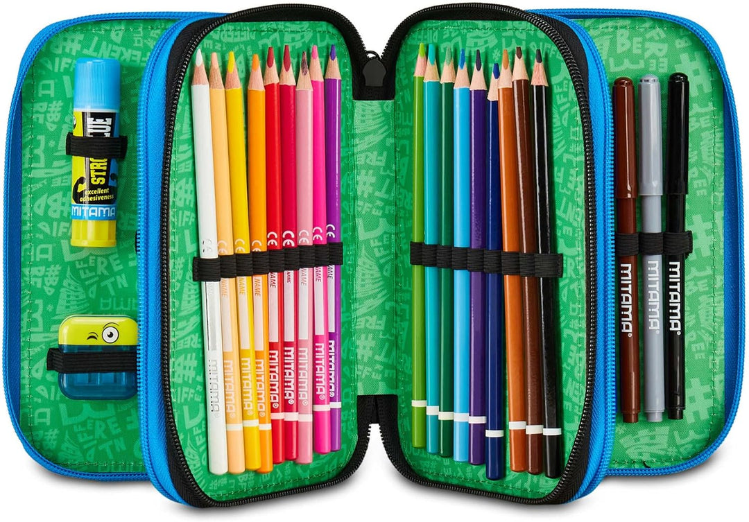 Mitama Federmäppchen mit 3 Fächern und 47 Teilen, gefülltes Schüleretui, Federtasche für Schreibware