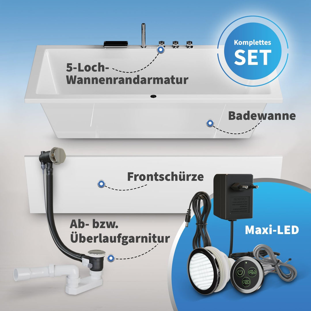 AQUADE Acryl Badewanne 190x90 Modell: Ulm - Weiss Badewanne Komplettset 190x90 - Badewannen mit Wann