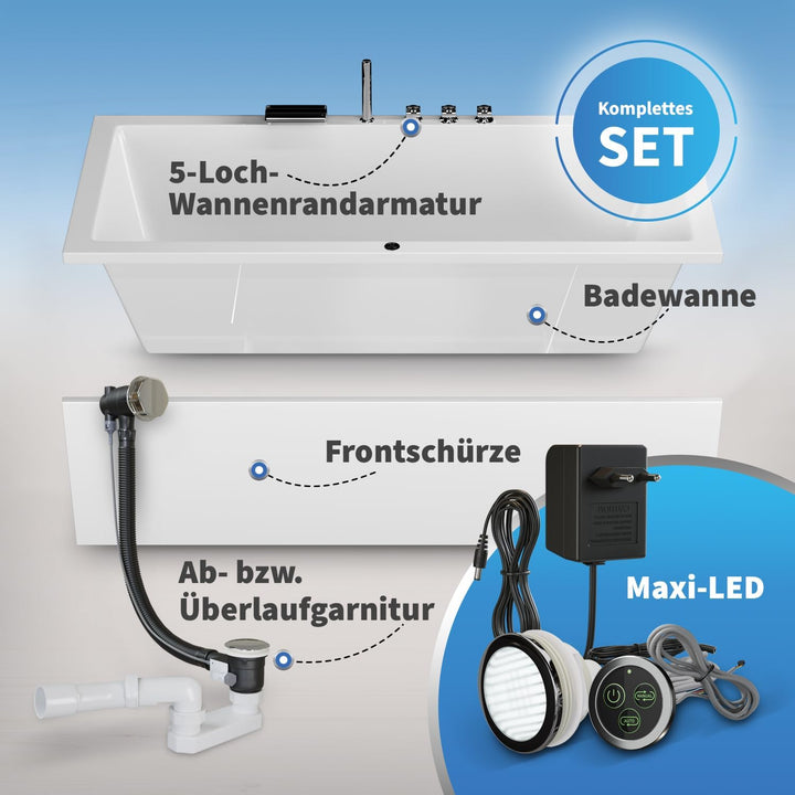 AQUADE Acryl Badewanne 190x90 Modell: Ulm - Weiss Badewanne Komplettset 190x90 - Badewannen mit Wann