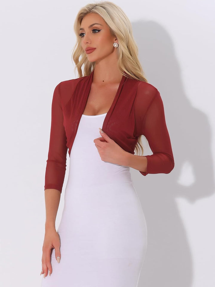 Allegra K Damen Bolero Festlich 3/4 Ärmel Rüschen Mesh Durchsichtig Crop Strickjacke Shrug Boleros X