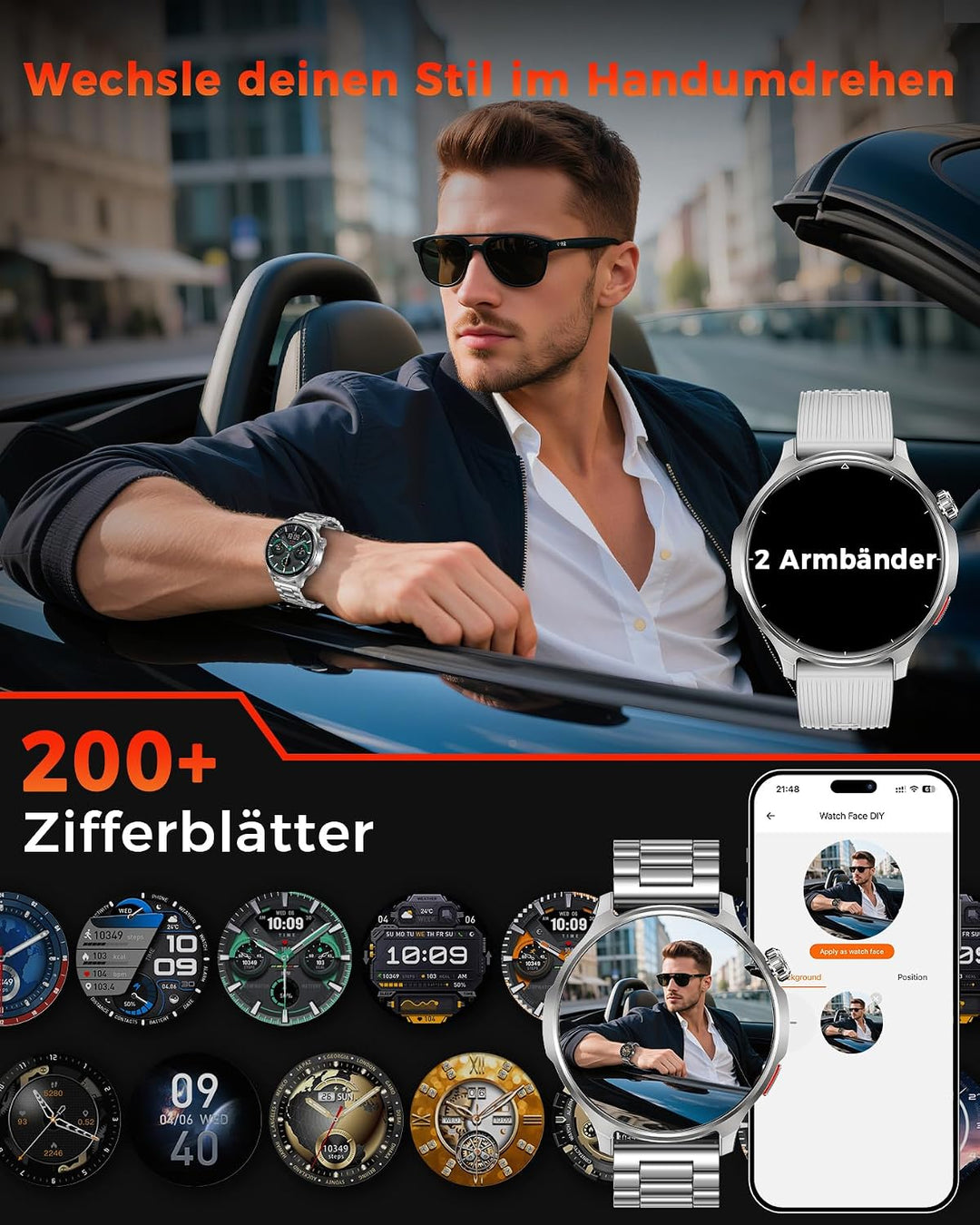 Smartwatch Herren, 1000mAh Akku, 1,52&
