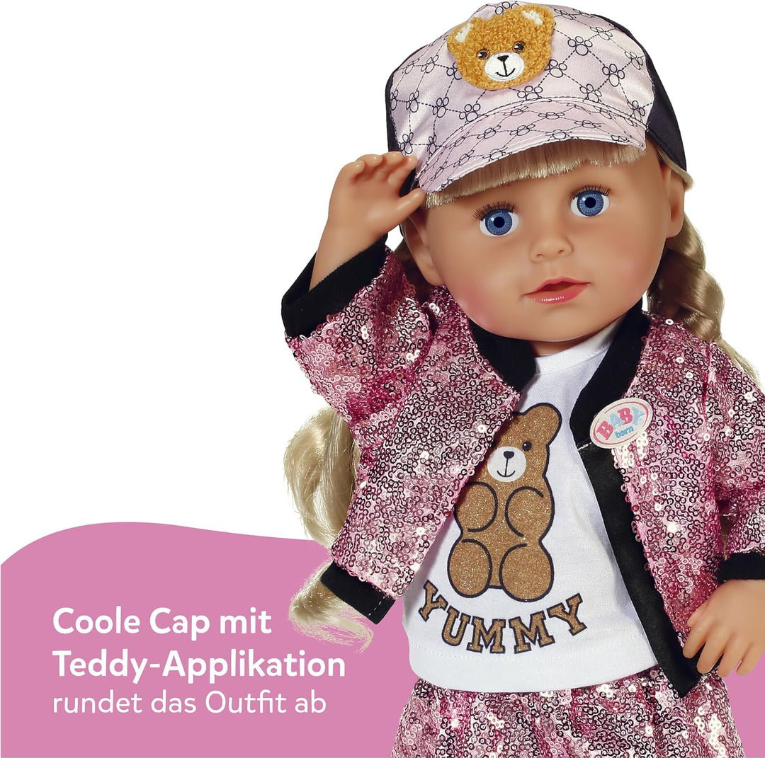 Baby Born Glam-Outfit mit pinkem Pailletten-Rock &amp; Jacke, Shirt mit Teddydruck, Cap &amp; Leggins für 43