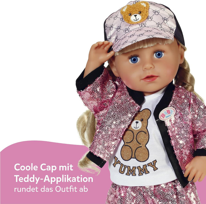 Baby Born Glam-Outfit mit pinkem Pailletten-Rock &amp; Jacke, Shirt mit Teddydruck, Cap &amp; Leggins für 43