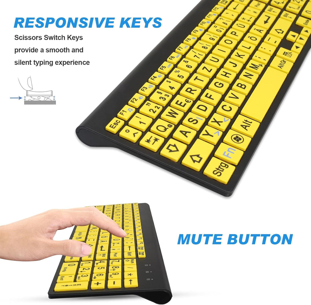 Kabellose Tastatur und Maus Set mit Grossen Buchstaben (Deutsches QWERTZ) für Senioren & Sehbehinder