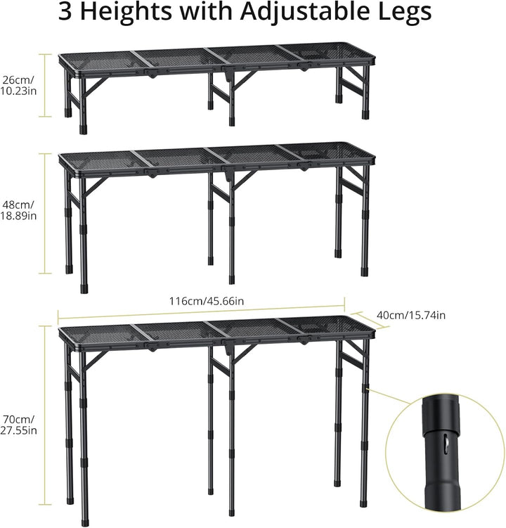 Anbte Grilltisch Klappbar 116x40cm Metallgitter Tischplatte 4-Fach, Schwarz Schwarz 116x40x70cm, Sch