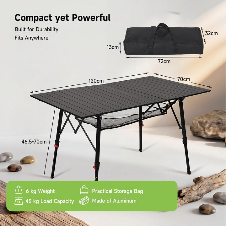 HAUSPROFI Campingtisch Klappbar Aluminium Höhenverstellbar 120x70cm Falttisch mit Aufrollbarer Tisch