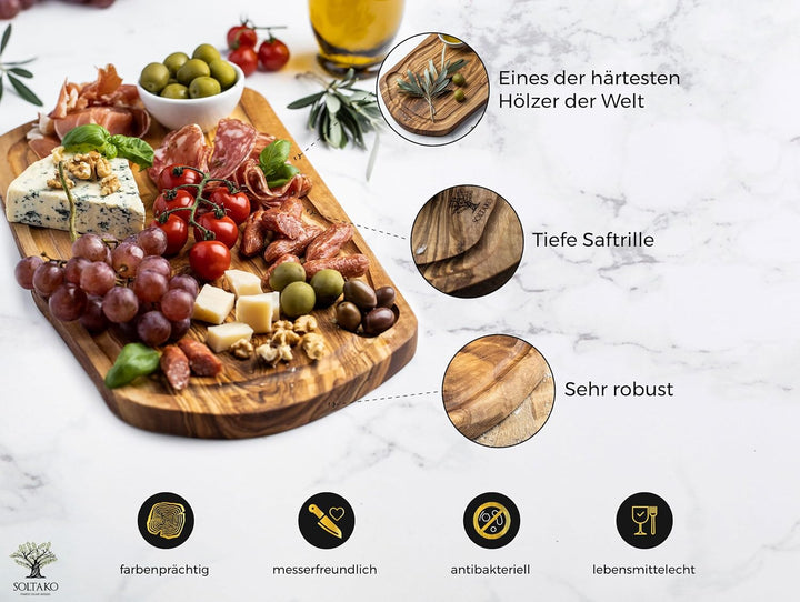 SOLTAKO Olivenholz Schneidebrett, Holzbrett, Servierbrett, Steakbrett, Käsebrett, Oliven Holz Brett