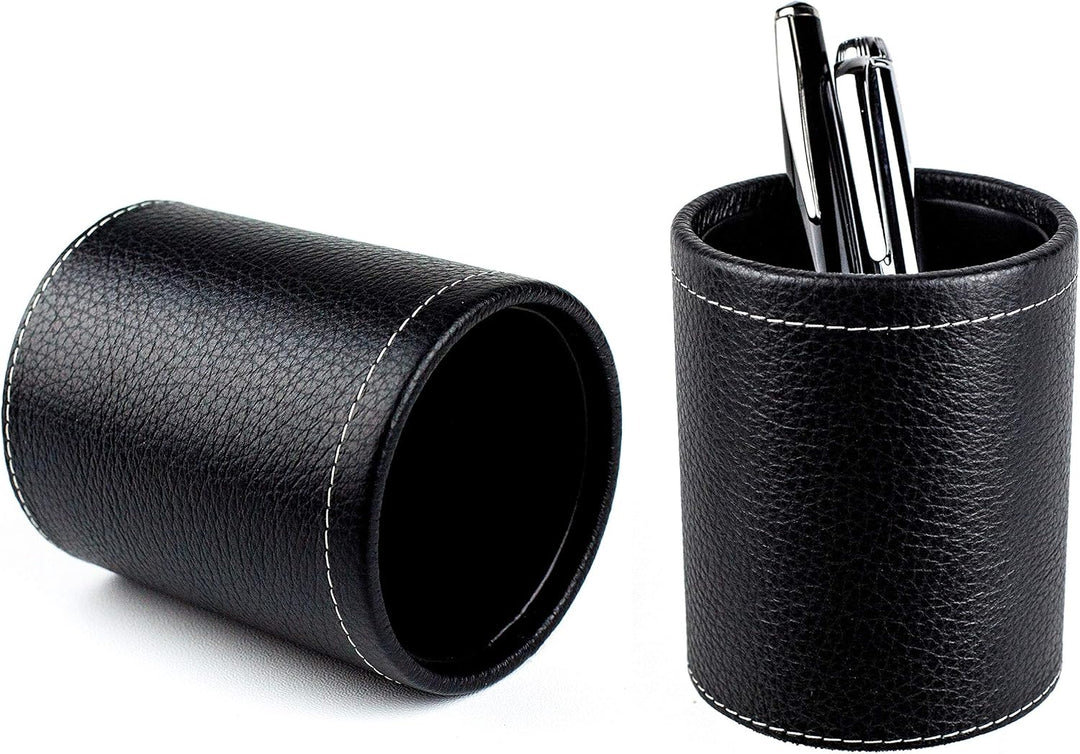 DELMON VARONE - Stifteköcher aus Soft Grain Leder schwarz, Echtleder Stiftebecher mit PU Innenverkle