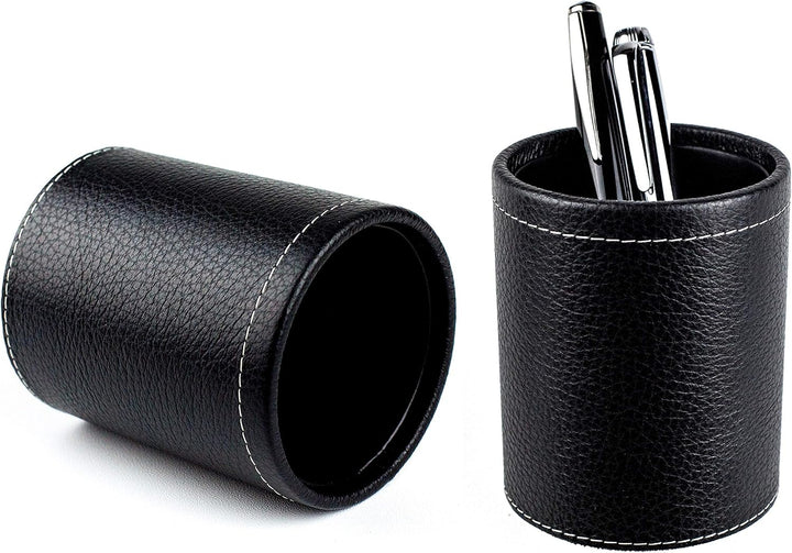 DELMON VARONE - Stifteköcher aus Soft Grain Leder schwarz, Echtleder Stiftebecher mit PU Innenverkle