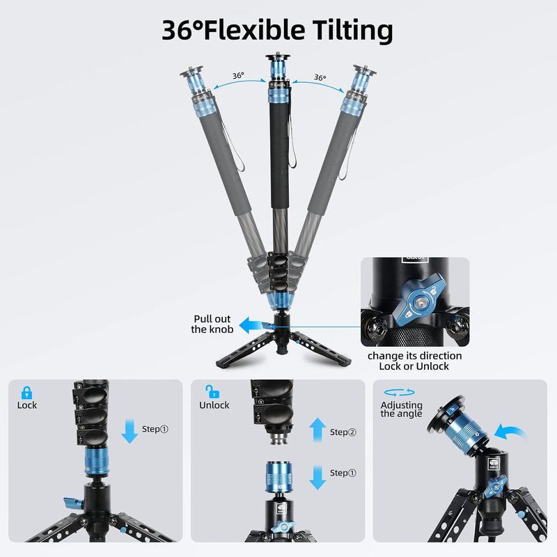 SIRUI P-424FL Kamera Einbeinstativ, 190cm Heavy Duty Carbon Fiber Foto Video Einbeinstativ, 4-Sectio