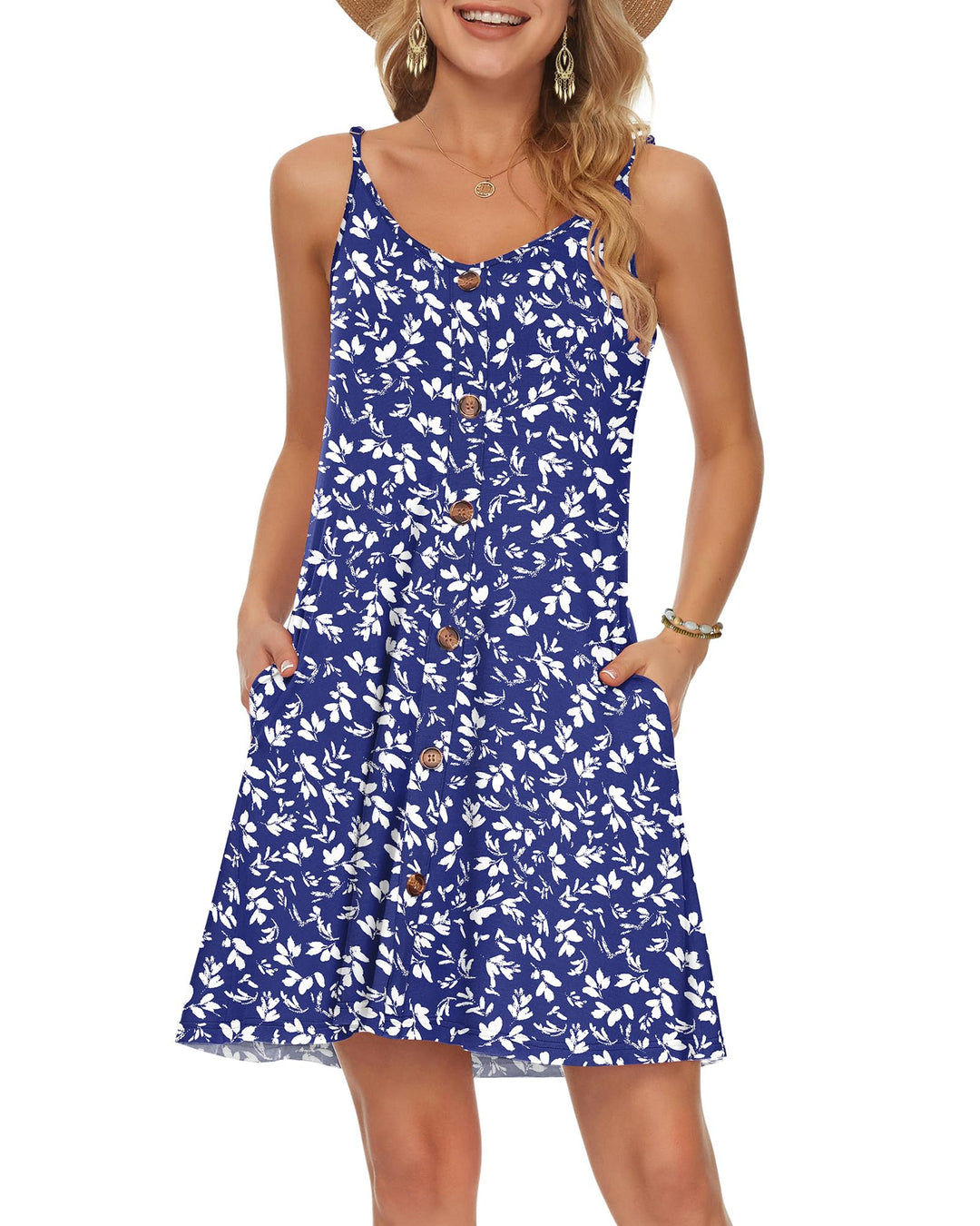 WNEEDU Damen Kleid Sommer Spaghettiträger Sommerkleid Kurze Strandkleider V Ausschnitt Leichte Freiz