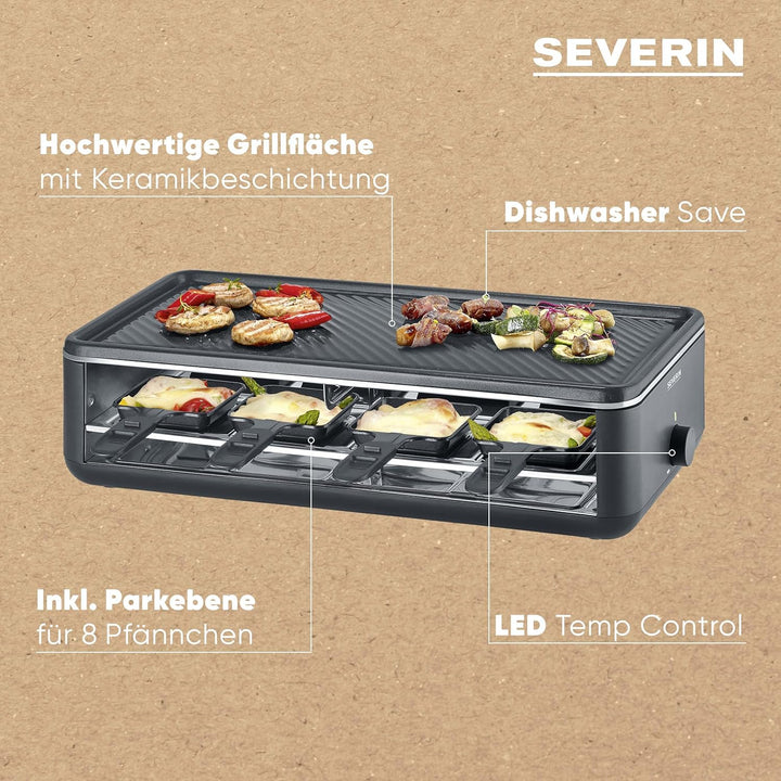 SEVERIN Raclette-Grill für 8 Personen, Raclette mit grosser antihaftbeschichteter Grillplatte, extra