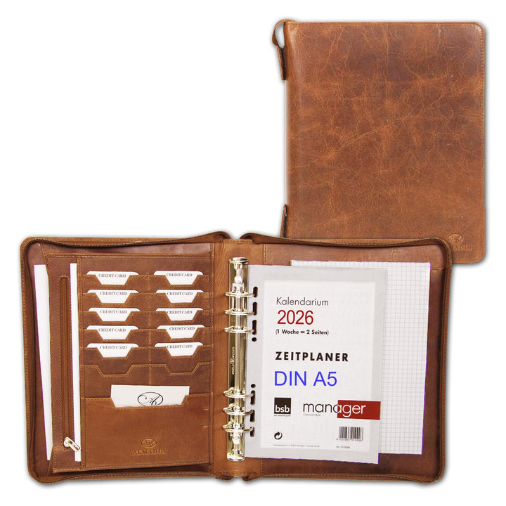 ALMADIH Leder A5 Organizer Ringmechanik Reissverschluss Kalender 2024 Schreibblock Premium Rindslede