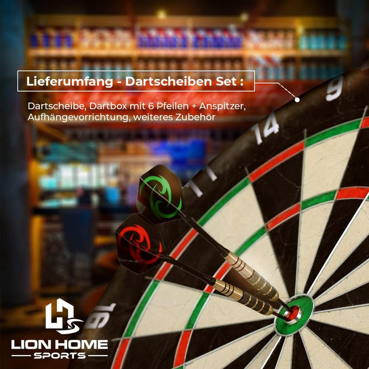 LION HOME SPORTS Hochwertige Sisal Steeldartscheibe | Mit Aufhänger & 6 Dartpfeilen, sowie Aufbewahr